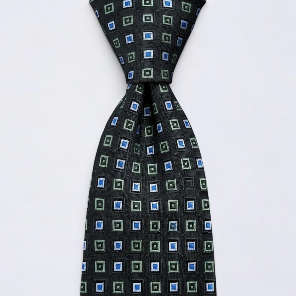 BOSS Hugo‎ Boss Tie Adult Black Blue Green Geometric Square Silk Made in Italy